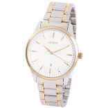 ASTRON 8019-8 elegáns férfi karóra, bicolor nemesacél tok, bicolor nemesacél csat, fehér számlap, keményített ásványüveg, quartz szerkezet, cseppmentes vízállóság