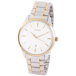   ASTRON 8019-8 elegáns férfi karóra, bicolor nemesacél tok, bicolor nemesacél csat, fehér számlap, keményített ásványüveg, quartz szerkezet, cseppmentes vízállóság