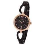 ASTRON 8021-1 női karóra, ékszeróra, rózsaarany színű nemesacél tok, fekete nemesacél csat, fekete számlap, keményített ásványüveg, quartz szerkezet, cseppmentes vízállóság