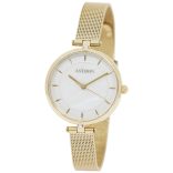 ASTRON 8022-9 női karóra, ékszeróra, arany színű nemesacél tok, arany színű nemesacél csat, gyöngyház színű számlap, keményített ásványüveg, quartz szerkezet, cseppmentes vízállóság
