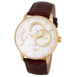   ASTRON 8026-7 férfi karóra, arany színű nemesacél tok, barna bőrszíj, fehér számlap, zafírüveg, quartz szerkezet, cseppmentes vízállóság