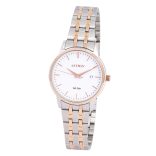 ASTRON 8047-8 női karóra, bicolor színű nemesacél tok, bicolor színű nemesacél csat, fehér számlap, keményített ásványüveg, quartz szerkezet, 50 m (5 ATM) vízállóság